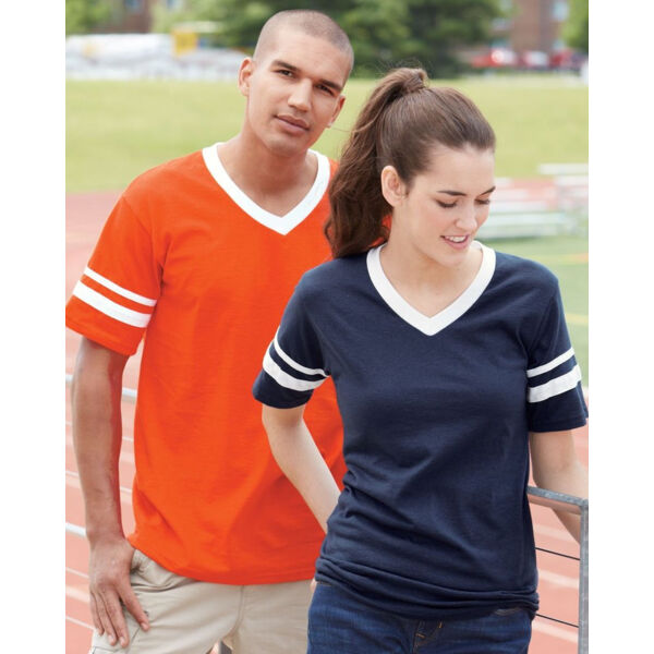 V-Neck Jersey with Striped Sleeves Thumbnail